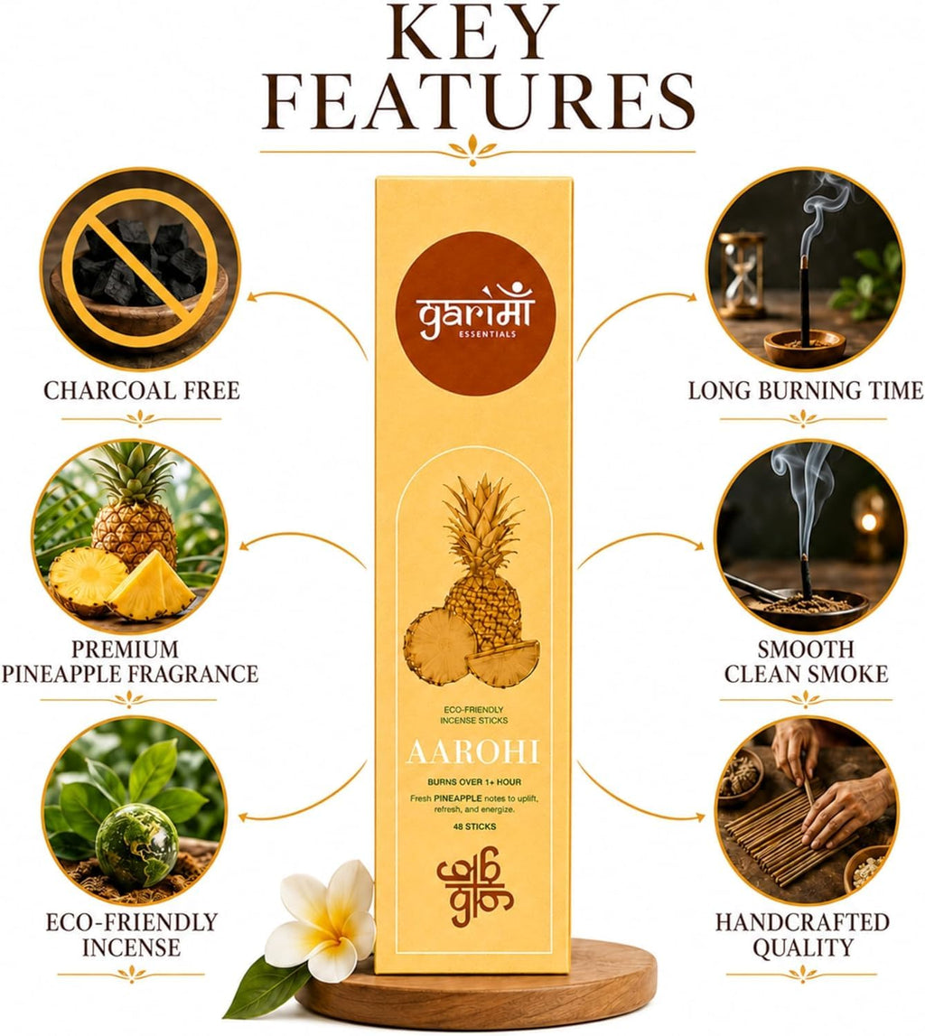 Garima Natural Pineapple Agarbatti – Charcoal-Free Incense Sticks | 48 Sticks | Free Wooden Stand