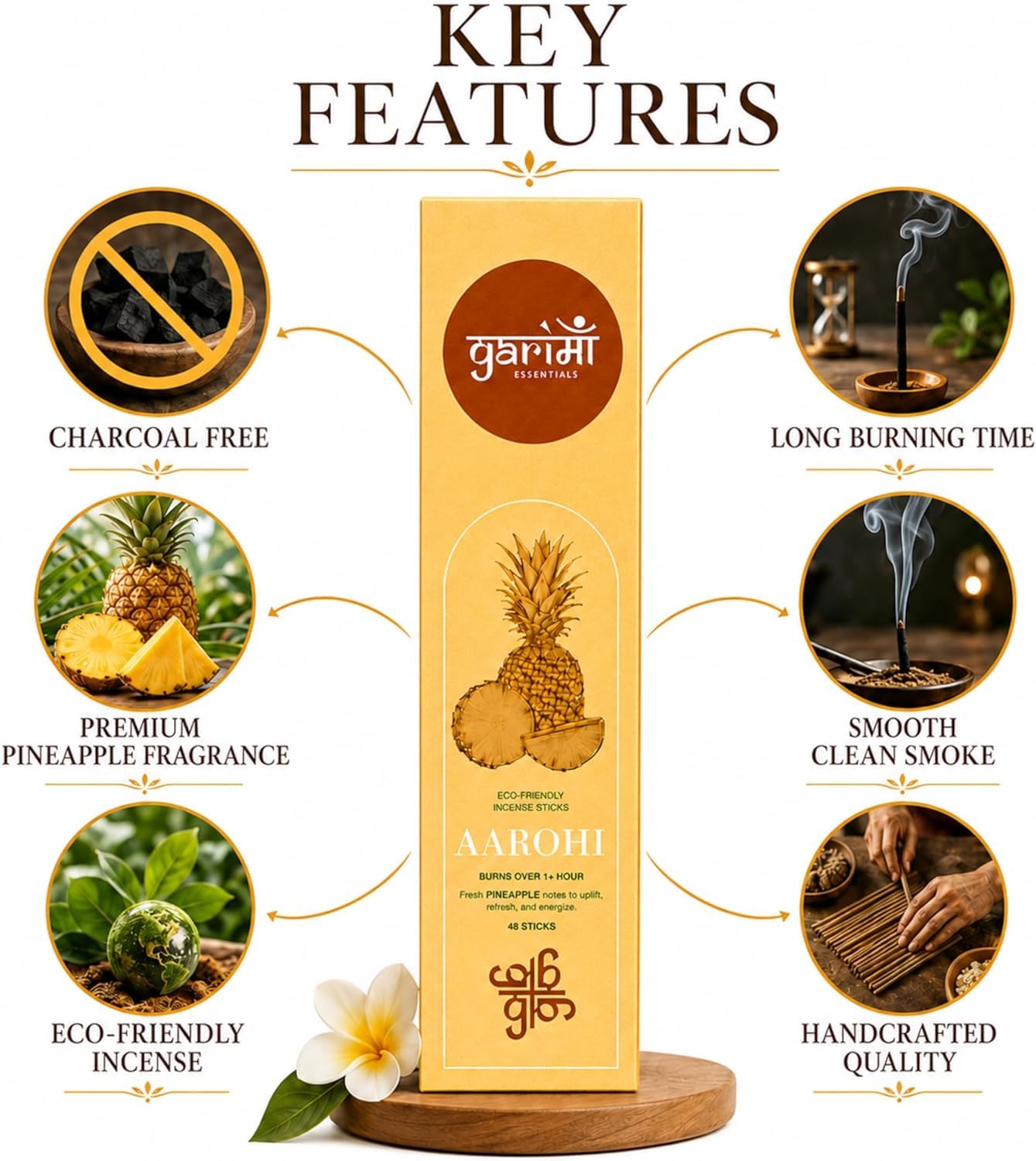 Garima Natural Pineapple Agarbatti – Charcoal-Free Incense Sticks | 48 Sticks | Free Wooden Stand