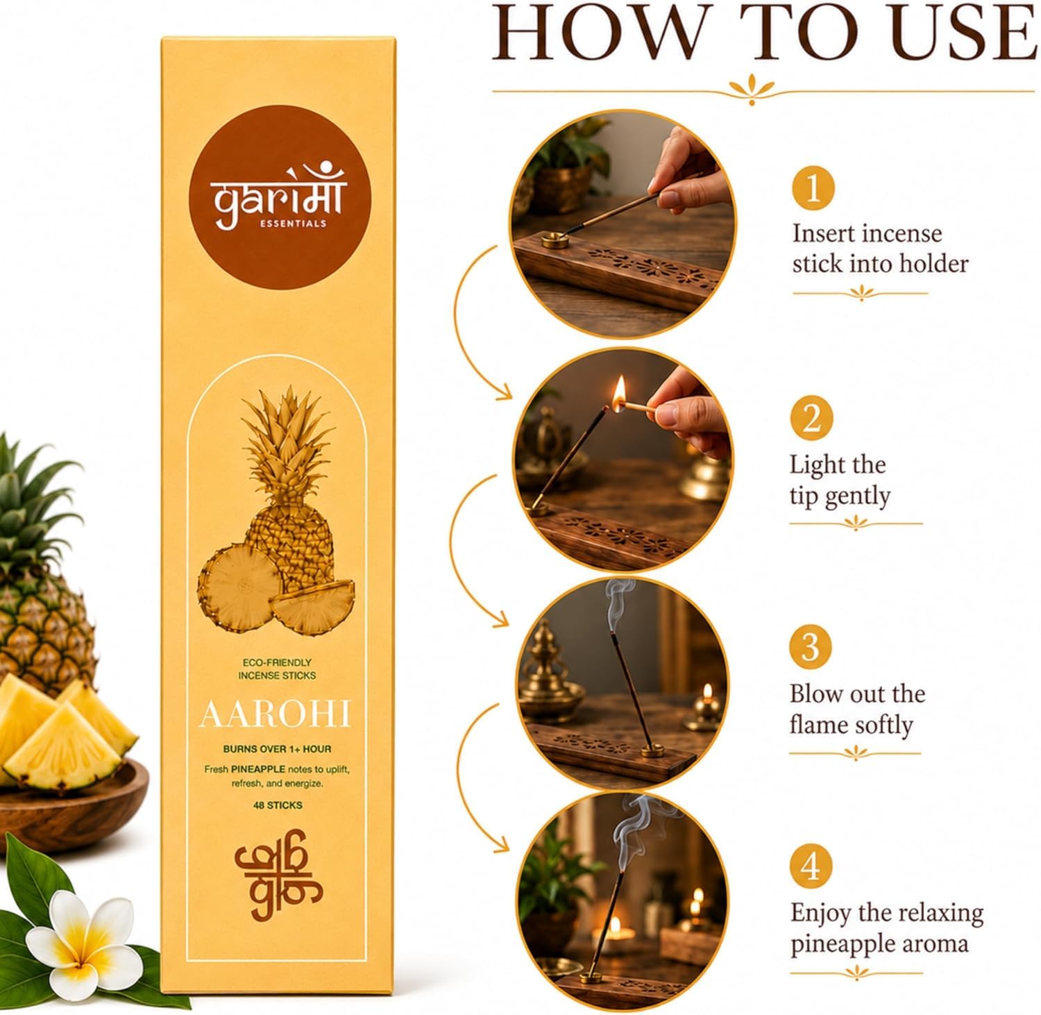 Garima Natural Pineapple Agarbatti – Charcoal-Free Incense Sticks | 48 Sticks | Free Wooden Stand