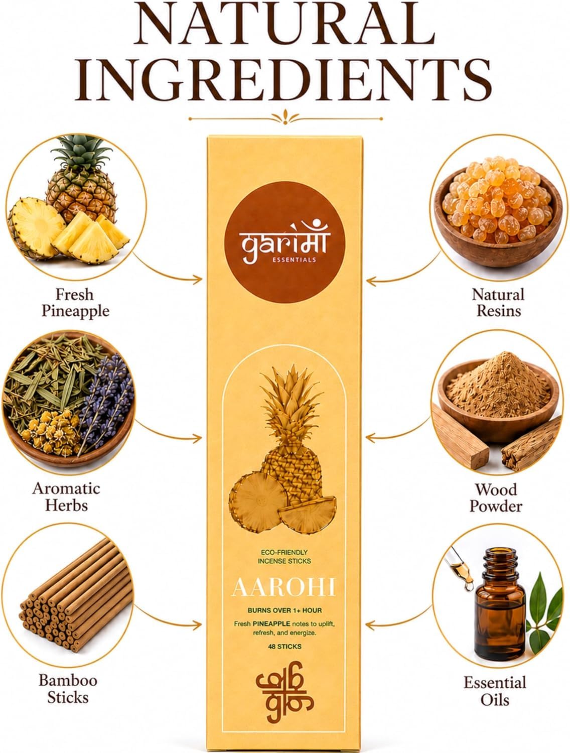 Garima Natural Pineapple Agarbatti – Charcoal-Free Incense Sticks | 48 Sticks | Free Wooden Stand