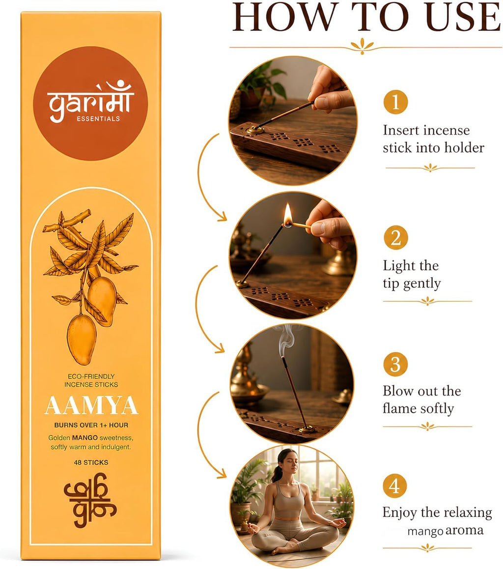 Garima Natural Mango Agarbatti – Charcoal-Free Incense Sticks | 48 Sticks | Free Wooden Stand