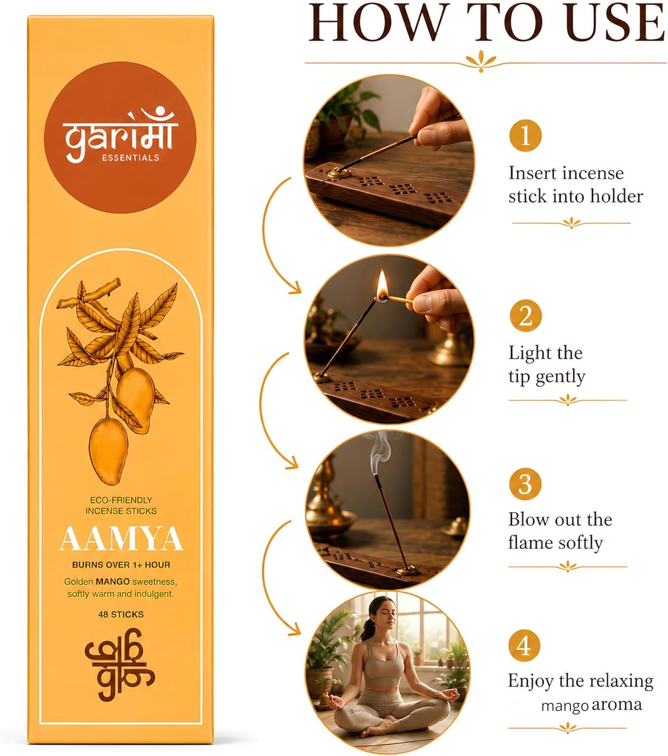 Garima Natural Mango Agarbatti – Charcoal-Free Incense Sticks | 48 Sticks | Free Wooden Stand