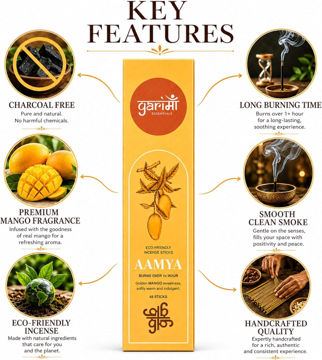 Garima Natural Mango Agarbatti – Charcoal-Free Incense Sticks | 48 Sticks | Free Wooden Stand