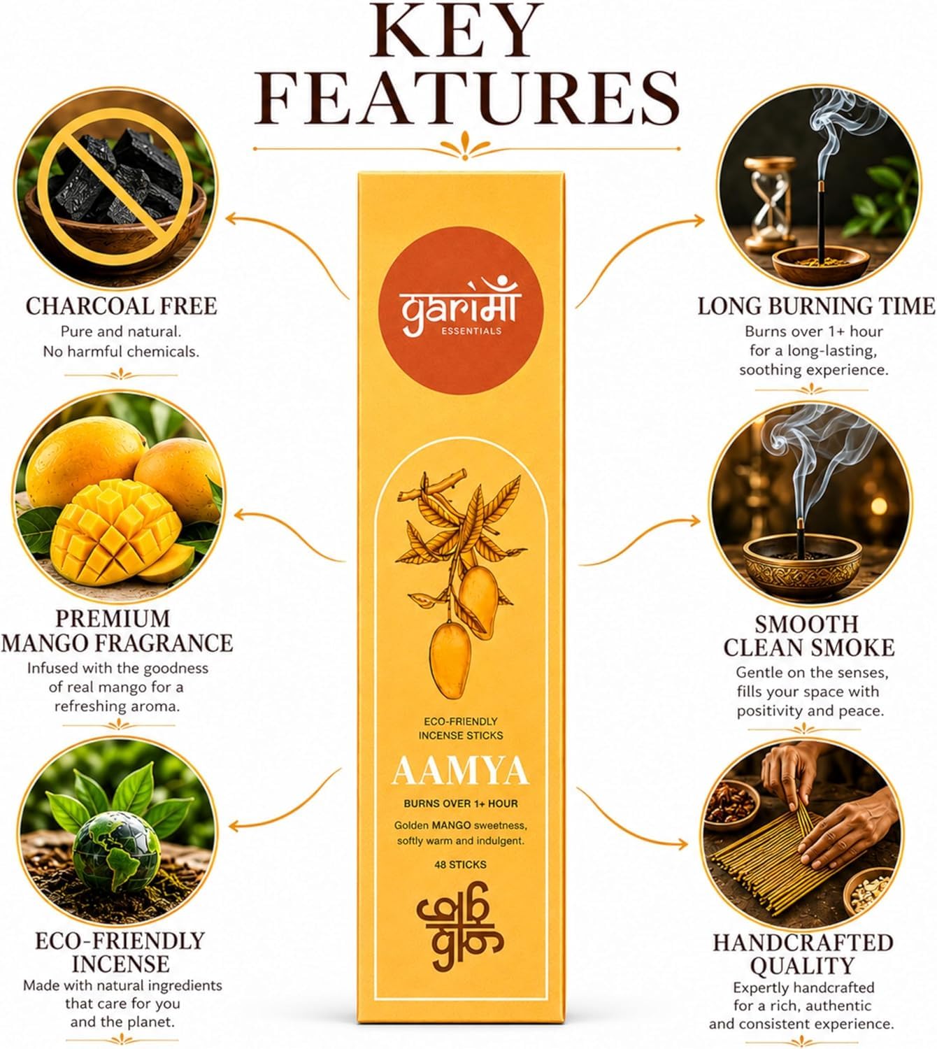 Garima Natural Mango Agarbatti – Charcoal-Free Incense Sticks | 48 Sticks | Free Wooden Stand